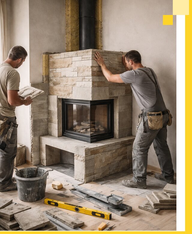 Угловые камины под ключ проект, монтаж и отделка в Иркутске